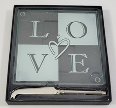 N) &quot;LOVE&quot; Glass Cheese Serving Board with Knife Trivet - $9.89