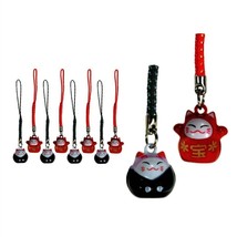 10 LUCKY CAT BELL CHARM Red Black Maneki Neko Mobile Cell Phone Strap Se... - €16,51 EUR