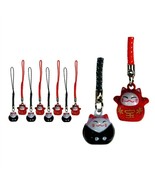 10 LUCKY CAT BELL CHARM Red Black Maneki Neko Mobile Cell Phone Strap Se... - $18.95