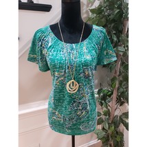 Dana Buchman Blouse Top Women Large Multi Floral Short Sleeve Smocked Round Neck - $24.75