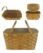 Vintage 50s Two Handle Hinged Wicker Picnic Basket Rockabilly Pinup C Heart Wood - £66.56 GBP