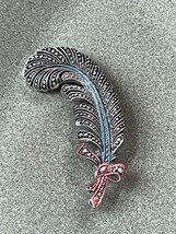 Vintage W. Germany Marked Faux Silver Marcasite Plastic Feather w Red Ribbon Pin - £11.79 GBP