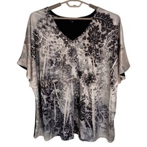 Satin Studded Graphic Blouse Top Plus Size 3X Flutter Sleeves Sublimated... - $24.74