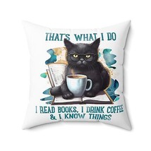 black cat drinks coffee and knows things funny Spun Polyester Square Pillow - £30.38 GBP+