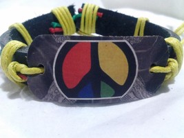 Peace Sign  Leather Hemp Adjustable Length Bracelet - Free Shipping ! - £7.98 GBP
