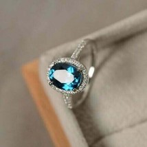 14k White Gold Plated 2Ct Oval Simulated Blue Topaz Halo Engagement Women&#39;s Ring - £46.52 GBP