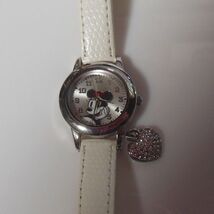 Disney Mickey Mouse Accutime Crystal Heart Charm Genuine White Leather W... - $26.50