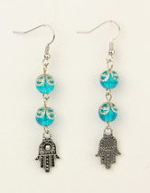 Silver Tone Hamsa Hand Earrings Dangle Hanging Blue Tibetan Glass Sphere... - €4,33 EUR