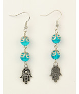 Silver Tone Hamsa Hand Earrings Dangle Hanging Blue Tibetan Glass Sphere... - £3.98 GBP