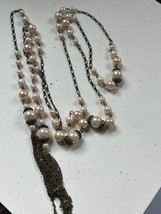 Long Antique Bronze Chain w Faux Cream Pearl Beads &amp; Long Chain Tassel Ends Neck - £10.49 GBP