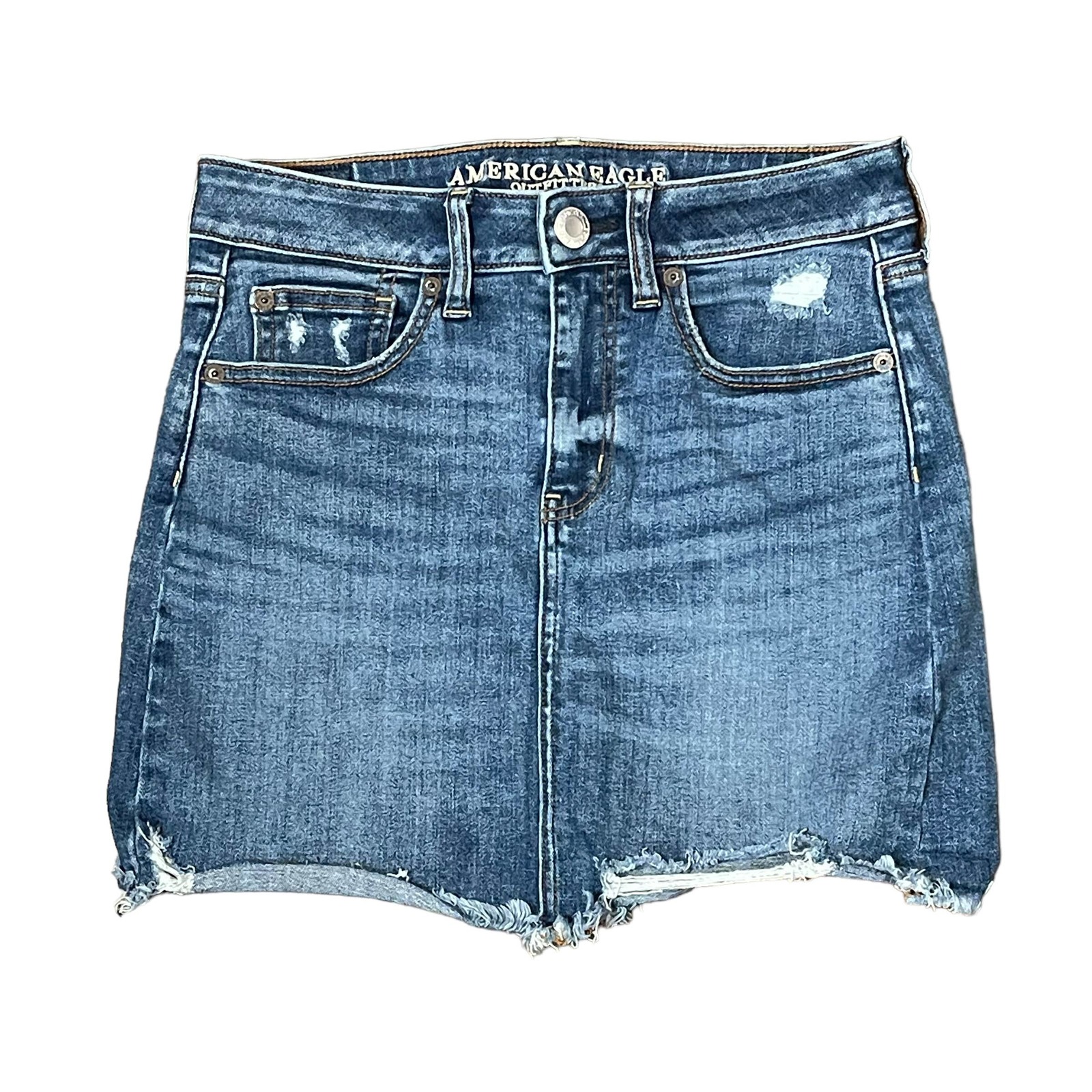 Primary image for American Eagle Super Stretch X Distressed Mini Skirt Blue Denim Women Size 2