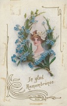 Vintage Postcard Woman with Forget Me Not Flowers In Glad Remembrance - £5.32 GBP