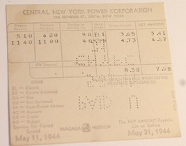 Vintage Central New York Power Company Invoice Bill May 31 1944 Utika Box2 - $12.86