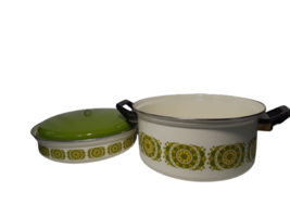 MCM Vintage Enamel Cookware Pot Lid &amp; Skillet, Korea, 10&quot;, Lime Green Yellow - £62.80 GBP