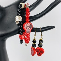 Black Red Sugar Skull 2 Strand Bracelet  Earrings Set Rhinestones Silver Tone  - £31.62 GBP