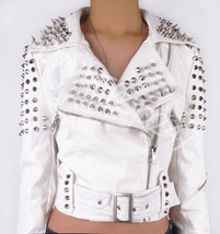 New Woman Full White Punk Heavy Metal Spiked Studded Unique Biker Leather Jacket - £224.36 GBP