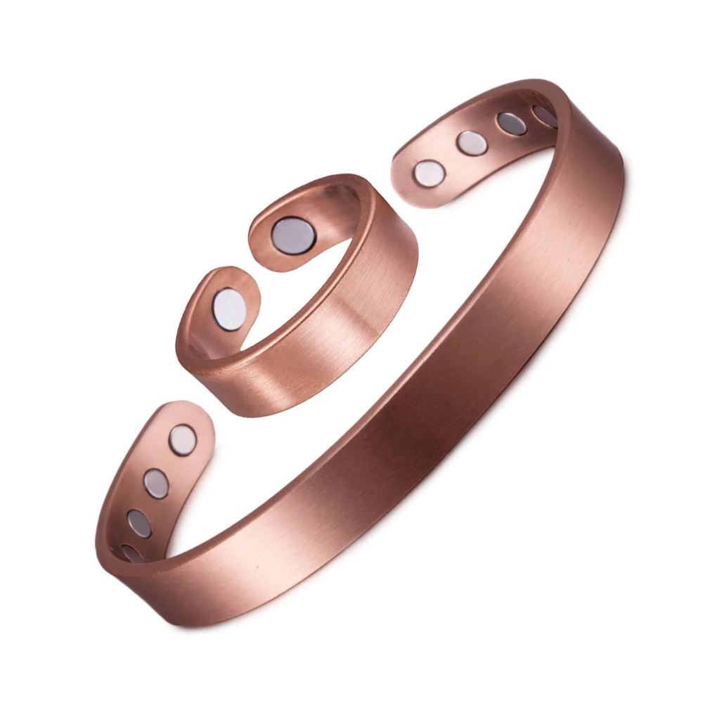 Matte Jewelry-Set Magnetic Pure Copper Bracelet Ring Cuff Adjustable Bangle Heal - £26.71 GBP