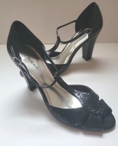 STYLE &amp; Co Peep Toe Heels Size 7.5 Black Patent Leather Tstrap Retro Shoes - £15.37 GBP