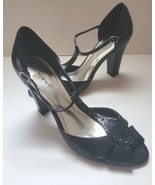 STYLE &amp; Co Peep Toe Heels Size 7.5 Black Patent Leather Tstrap Retro Shoes - $19.34