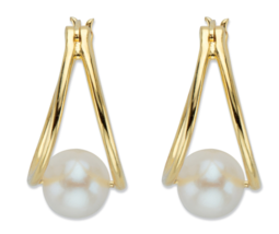 Genuine Freshwater Pearl Double Hoop Gp Earrings 14K Gold Sterling Silver - £78.68 GBP