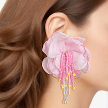 Drop Pink Fabric Flower Bead Earrings for Women - £19.18 GBP