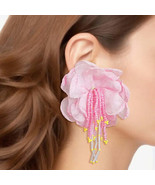 Drop Pink Fabric Flower Bead Earrings for Women - £19.01 GBP