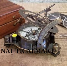  NauticalMart Engraved Dark Antiqued Brass Sundial Compass With Wooden box - $59.00