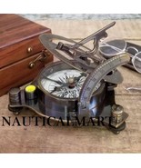  NauticalMart Engraved Dark Antiqued Brass Sundial Compass With Wooden box - $82.23 CAD
