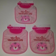 3 NEW My 1st Valentine&#39;s Day Pink Bibs Lot Baby Girl Kitty Holiday Gift - £11.63 GBP