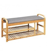 3-Tier Bamboo Shoe Rack Bench with Cushion-Natural - £91.91 GBP