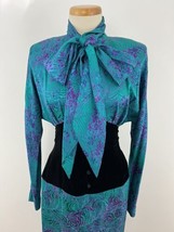 Vintage Neiman Marcus 100% Silk Dress Green Animal Print Pussy Bow - £34.22 GBP