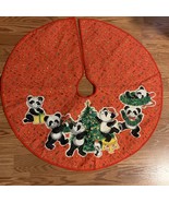 Vtg retro 80s Christmas Tree Skirt Red Quilted Panel Panda Bear Family - $14.96