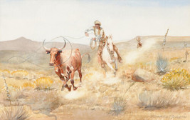 Framed canvas art print giclée end of chase cowboy roping a steer cow western - £31.37 GBP+