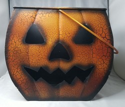 Halloween Pumpkin Metal Basket Jack o Lantern w Handle &amp; Cutouts Candles Flowers - £19.03 GBP