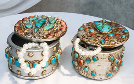 Set Of 2 Southwest Rustic Turquoise Red Rocks And Stones Vintage Trinket Boxes - £27.17 GBP