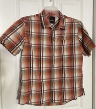 Prana Shirt Men&#39;s Size Large Short Sleeve Organic Cotton Button Up Orange Plaid - £15.46 GBP