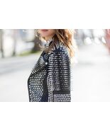 Mango Black Women Half Silver Studded Cowhide Leather Jacket With Fringe... - $260.99