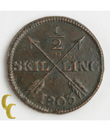 1803 Sweden 1/2 Skilling in XF Condition, KM# 565 - $791.31 MXN