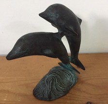 Cast Bronze Twin Dolphins Porpoise Jumping Ocean Small Garden Outdoor De... - $79.99