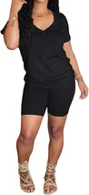 Two Piece Outfits for Women Biker Shorts Summer Clothes V Neck (Black,Size:M) - £15.45 GBP