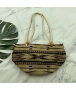 Vintage Woven Basket Tote Bag Purse Brown Black Wood Bead Wool Blend Boho - $36.62