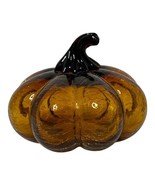 Hand Blown Amber &quot;Crackle&quot; Art Glass Pumpkin Green Stem Harvest Fall Gourd - $18.70