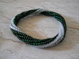 Beaded Bangle Bracelet, Emerald Green &amp; White; Tubular Spiral Herringbon... - £22.75 GBP