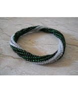 Beaded Bangle Bracelet, Emerald Green &amp; White; Tubular Spiral Herringbon... - £22.80 GBP