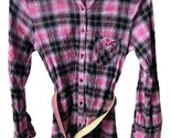 Justice Blouse Girls  10 Plaid Gauzy Button Up Belted tunic top Pink Black - $5.09