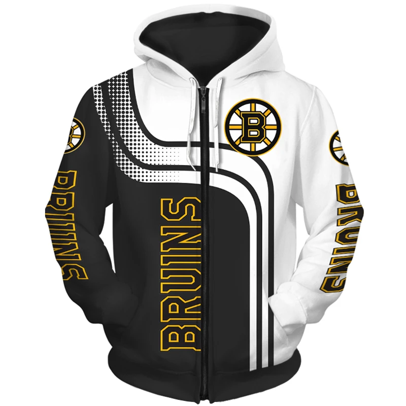  Boston men&#39;s  Long Sleeve 3D Bruins Zip Hoodies White Black Stitching Curve Cir - £145.60 GBP