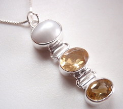 Cultured Pearl &amp; Faceted Citrine Triple-Gem 925 Sterling Silver Necklace - £15.14 GBP