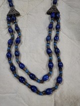 Cobalt Blue Glass Silver Bead Necklace 20”  Unique  Vintage - $40.82 CAD
