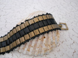 &quot;All Square&quot; Bronze &amp; Black Beaded Bracelet; Hand Woven With Tila Beads - £25.57 GBP