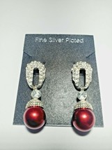 Fine Silver Plated Earrings Stud Back Dangle Horseshoe Shape W Ruby Red Ball - £17.77 GBP